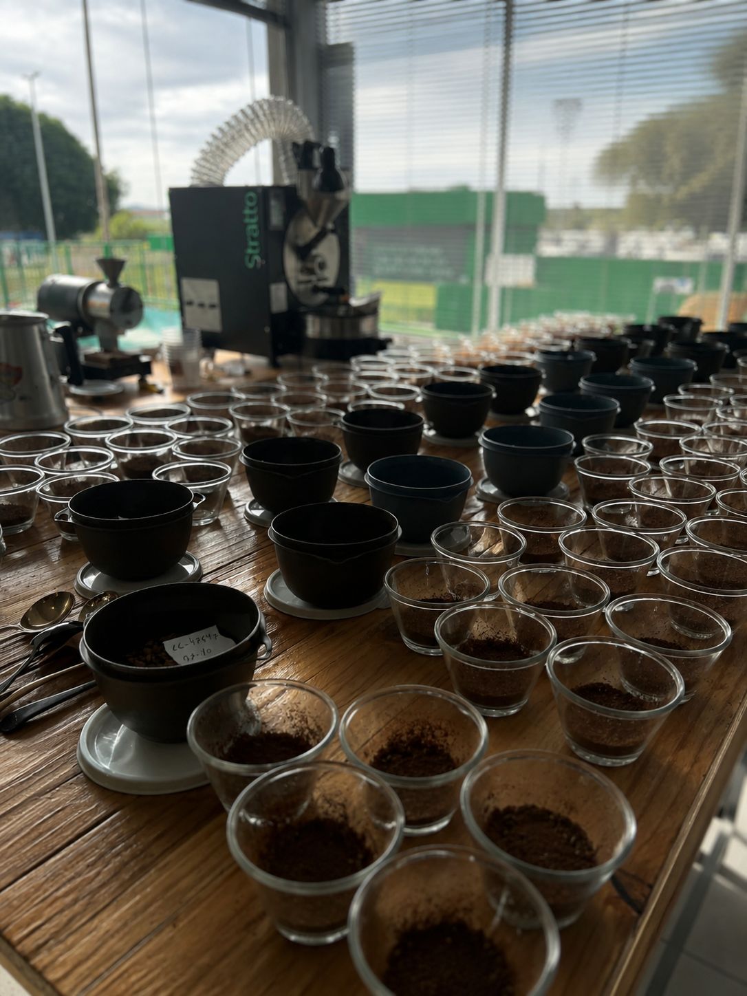 Mesa de prova com xícaras de café