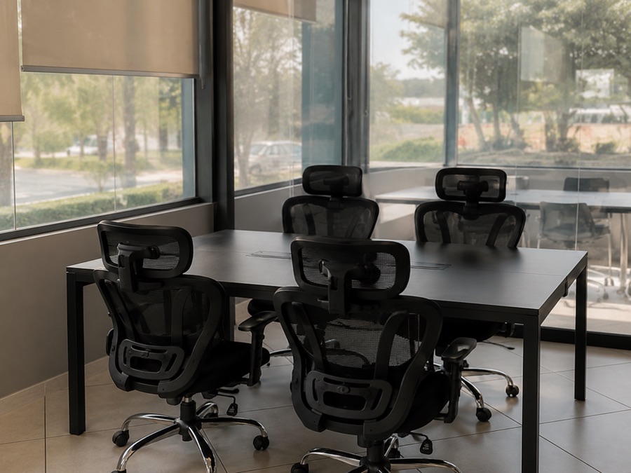 Mesa flexível do coworking, próxima às janelas
